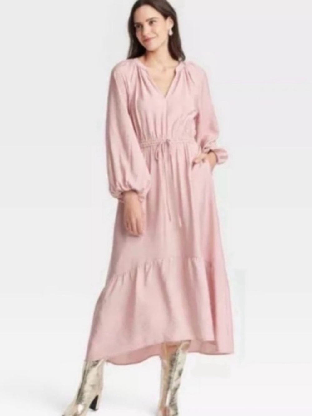 A new Day pink balloon long sleeve tiered midi dress size small new